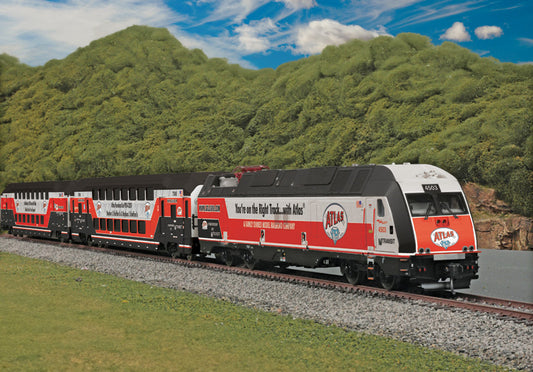 HO SCALE ATLAS 100th ANNIVERSARY Locomotive & 2 PASSENGER CARS-WITH SOUND!